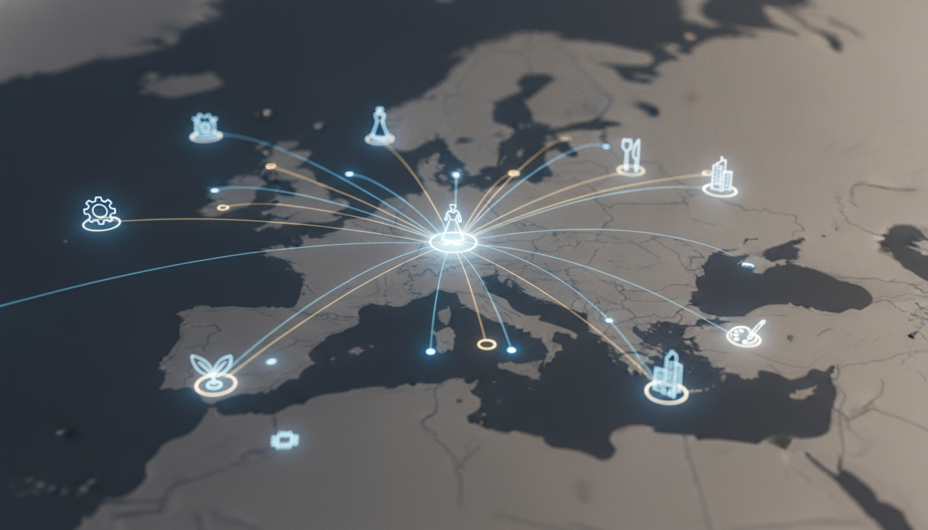 An abstract visual depicting a global network of diverse industry sectors, symbolizing the extensive reach of international exhibition organizers.