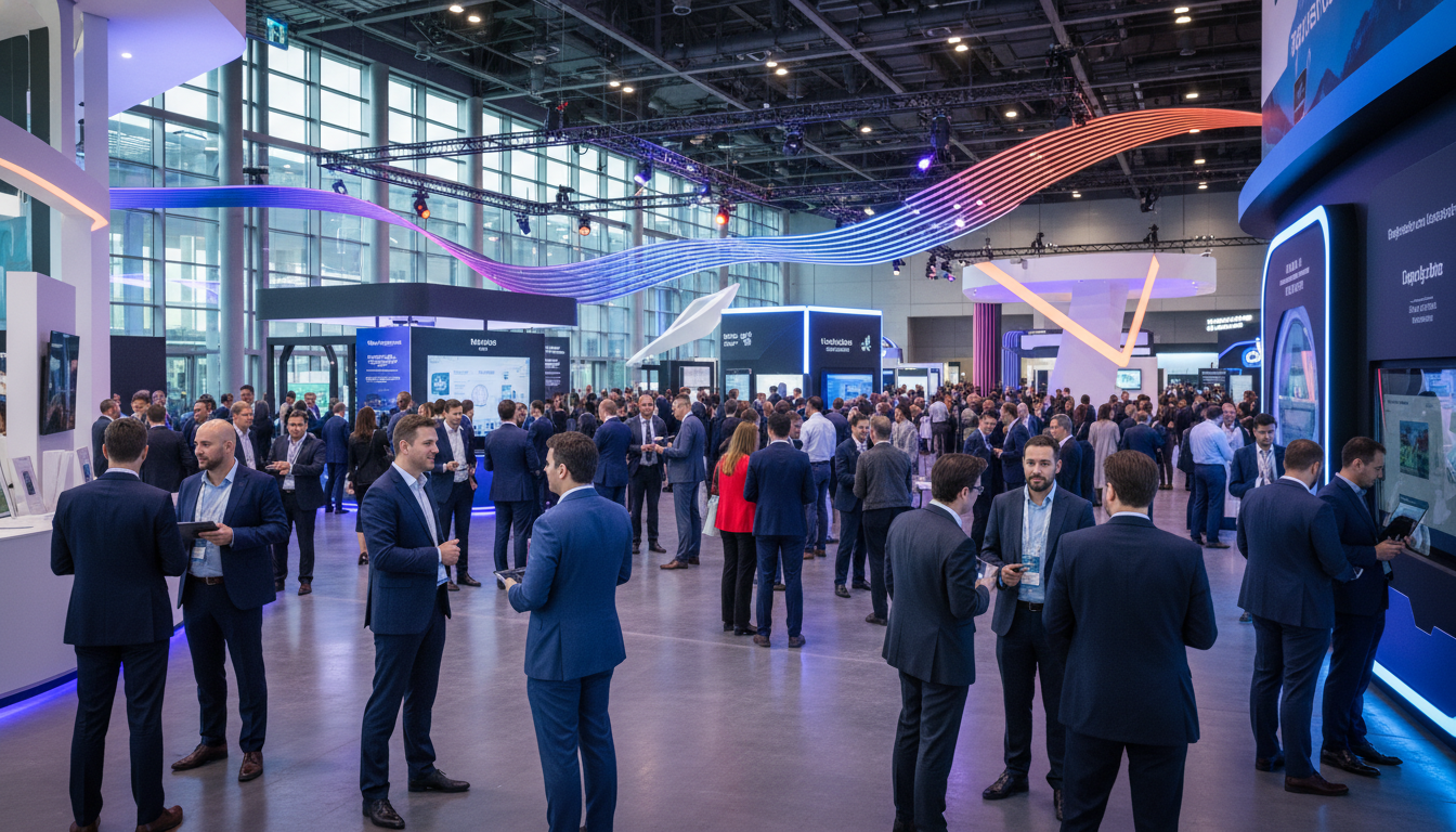 Professionals networking amidst diverse, modern trade show exhibition booths.