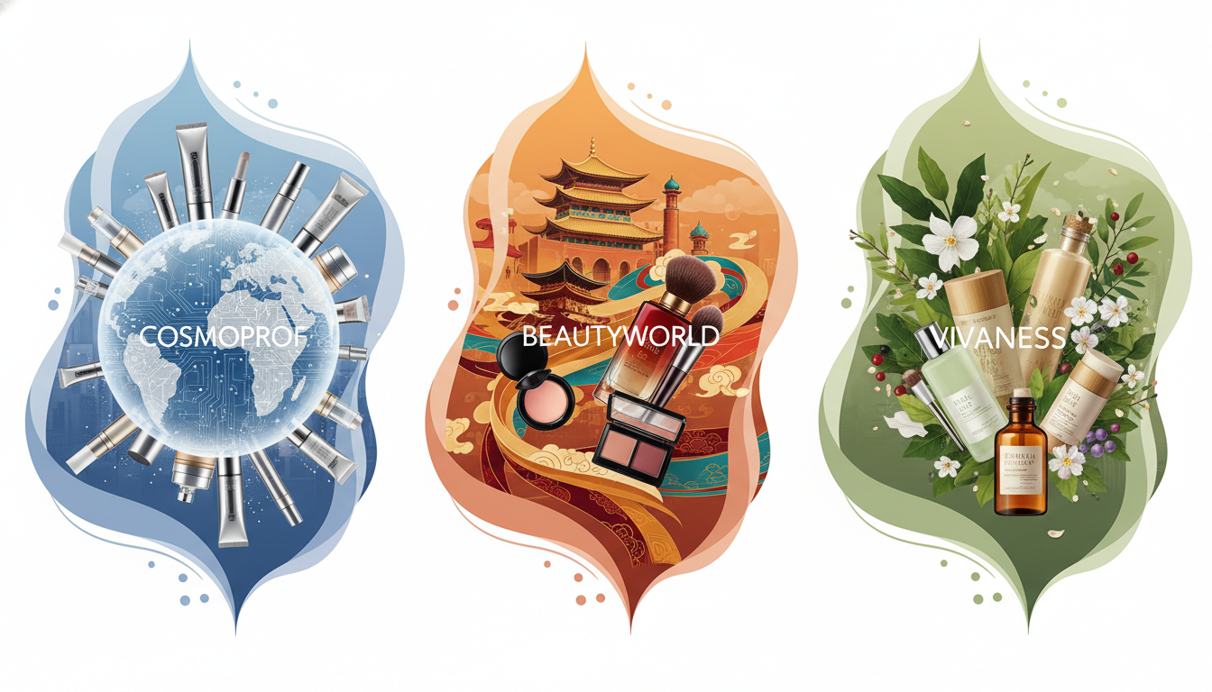 Conceptual image comparing global, regional, and natural beauty trade show focuses.