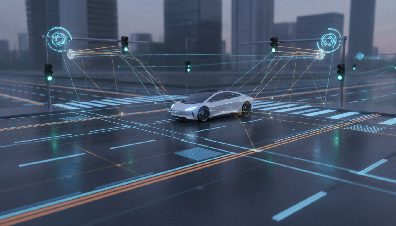 Smart highway intersection showing V2X communication and AI vision technology connecting vehicles and infrastructure.