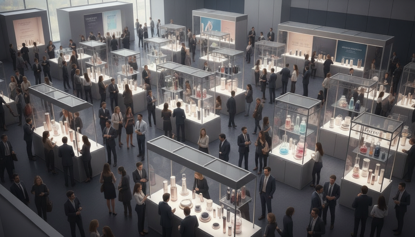 Trade show attendees interacting with displays of luxury cosmetic packaging, innovative ingredients, and professional beauty products.