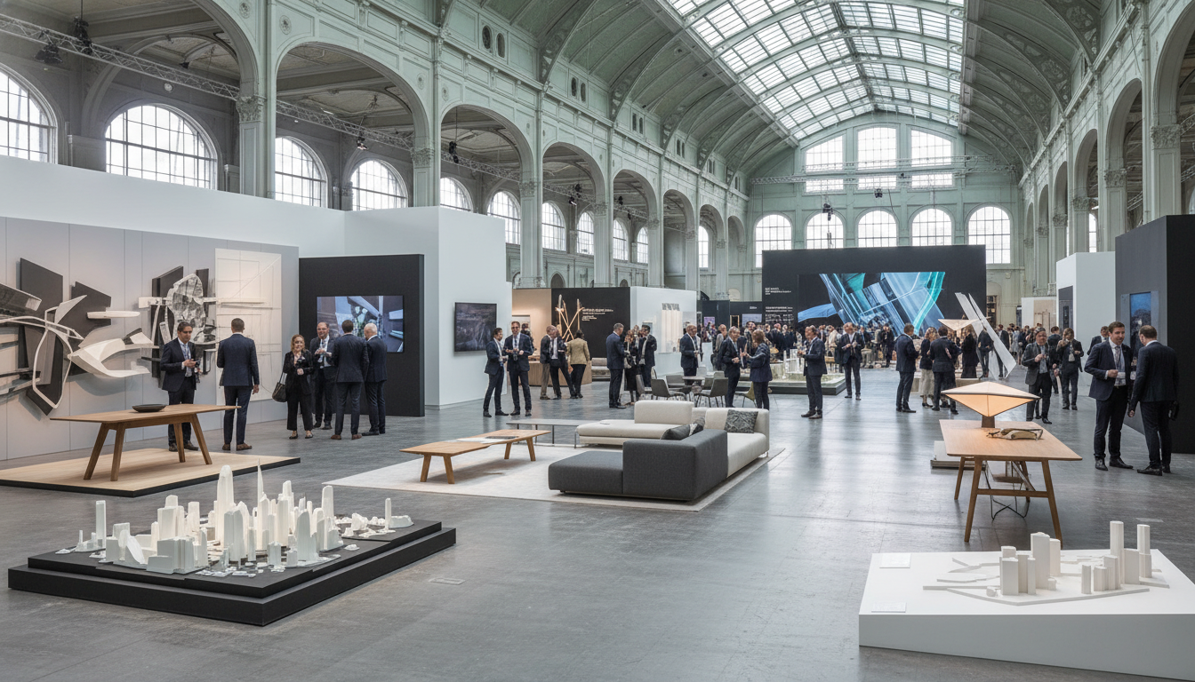 Professionals interacting amidst modern architectural models and contemporary furniture displays in a bright exhibition hall.
