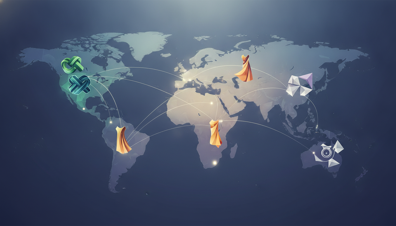 Illustration depicting the diverse global fashion and apparel industry, with elements representing textiles, clothing, and accessories, connected across a world map.