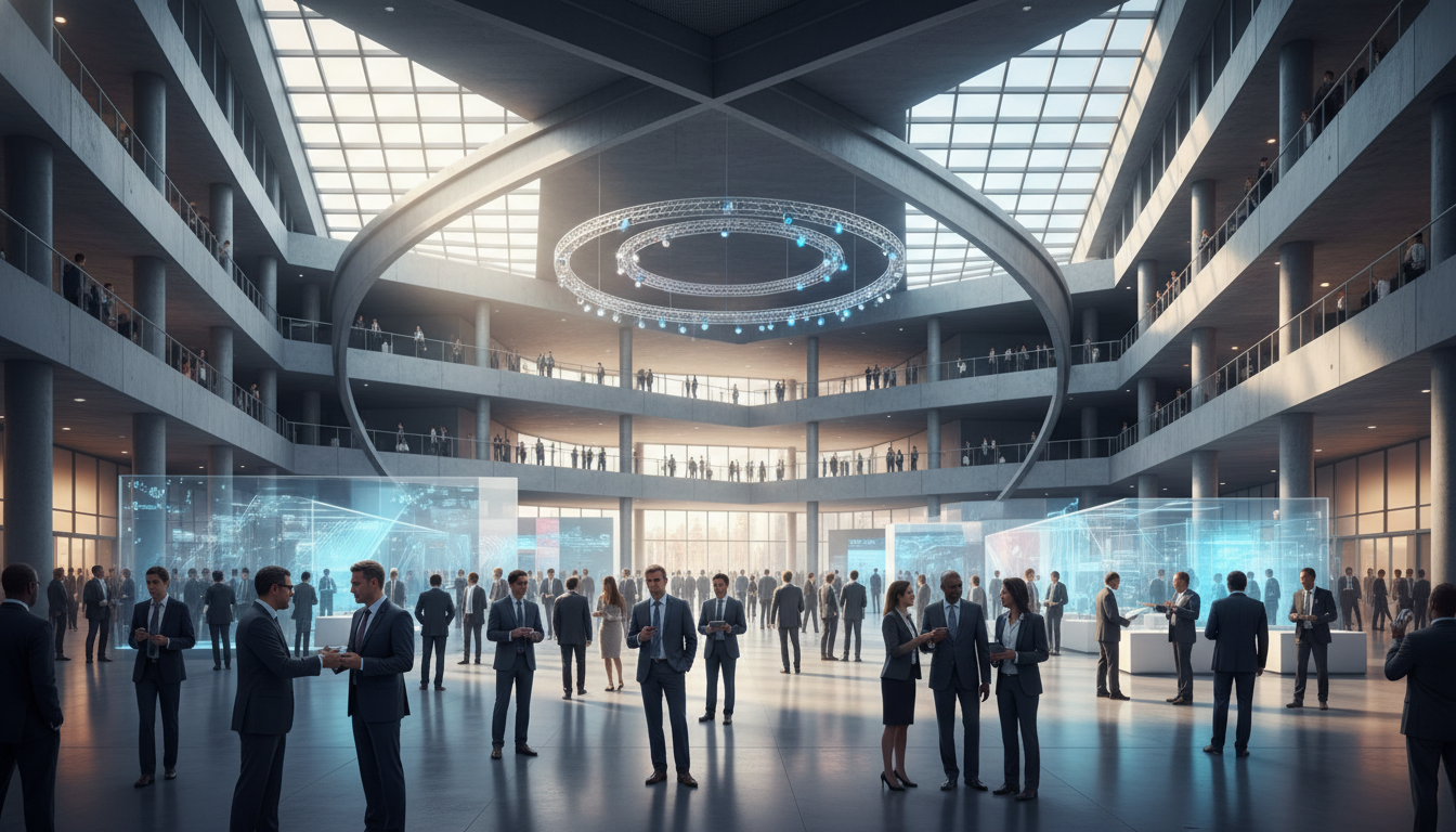 Professionals networking at a bustling international exhibition in Europe.