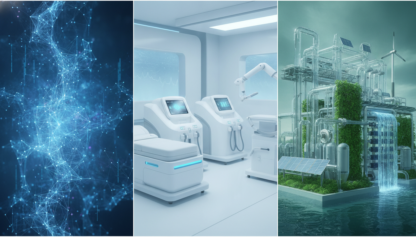 Visual representation of diverse industries: artificial intelligence, medical technology, and sustainable energy.