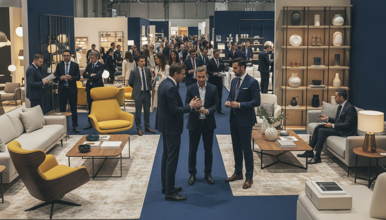 Busy professionals networking and exploring contemporary furniture and elegant home decor displays at an international design trade show.