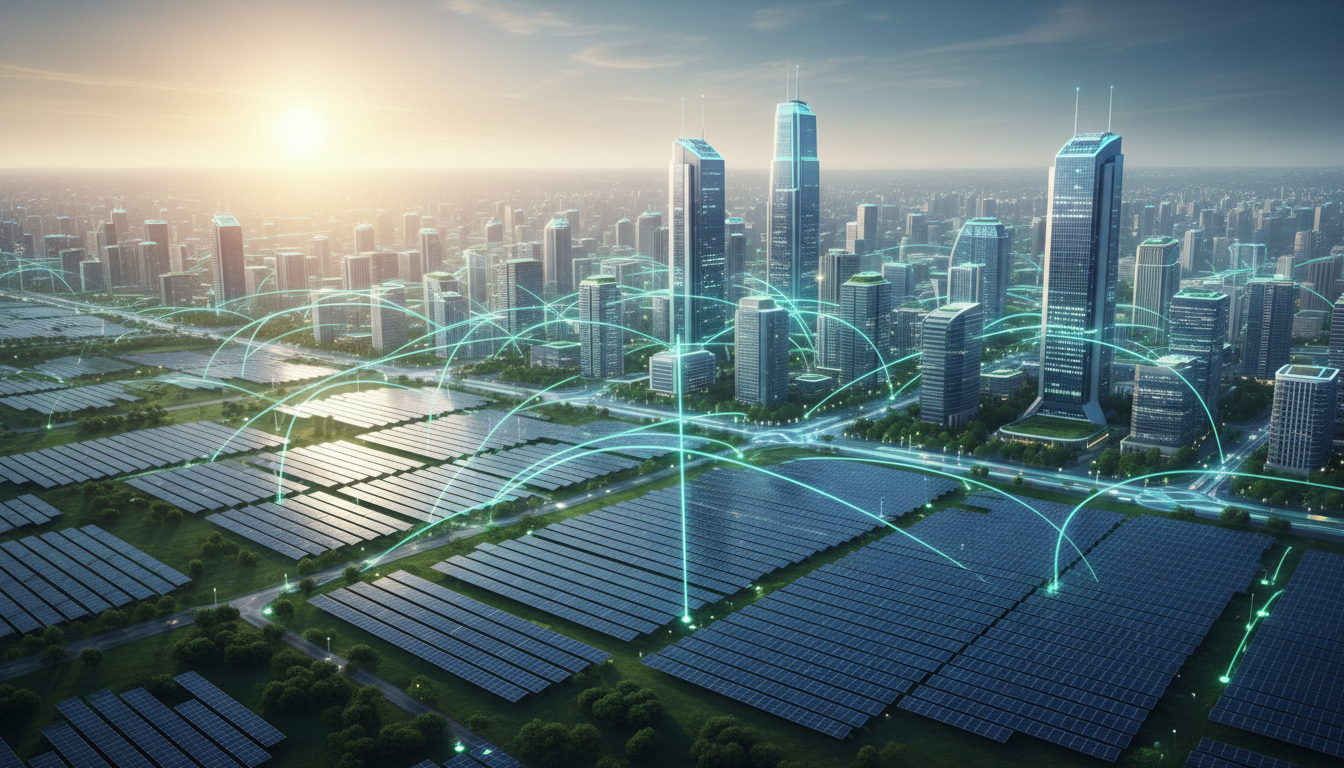 Global city powered by advanced solar energy and smart grid infrastructure.