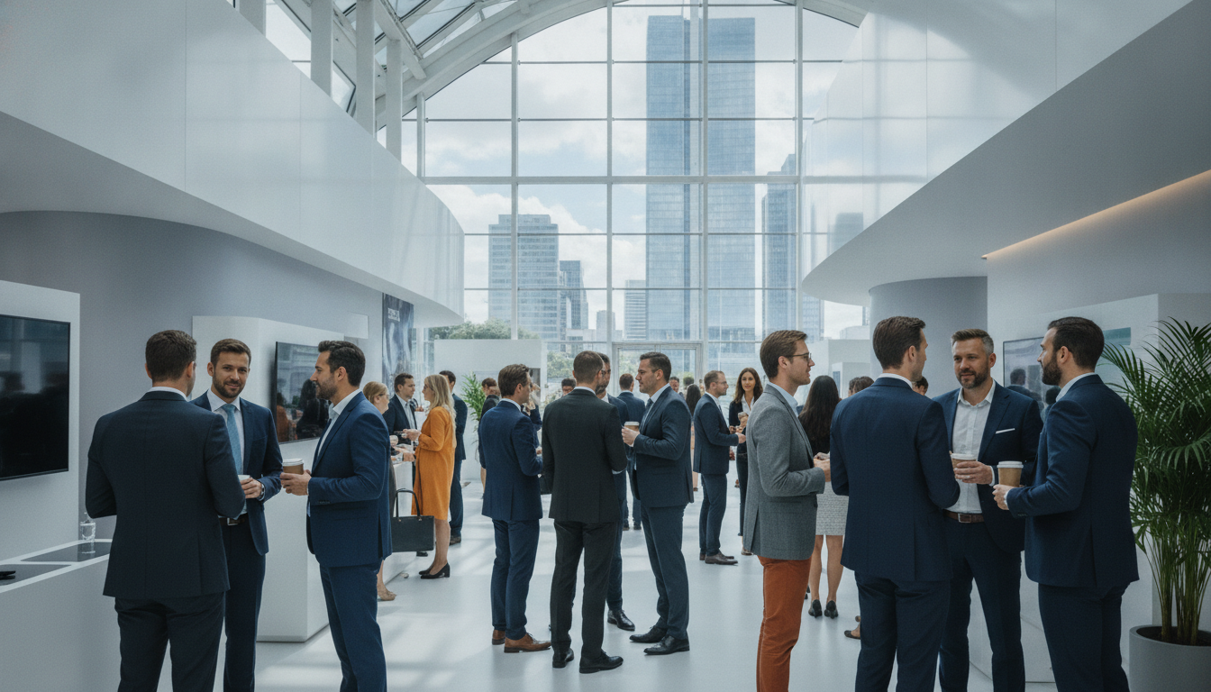 Professionals networking in a modern, bustling trade exhibition hall in Australia.
