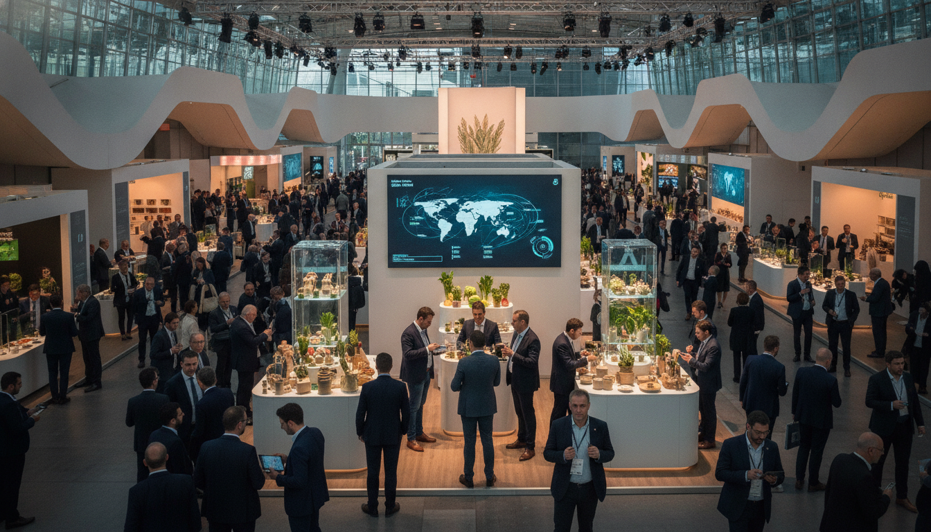 A vibrant, modern international food fair showcasing innovation and global collaboration.