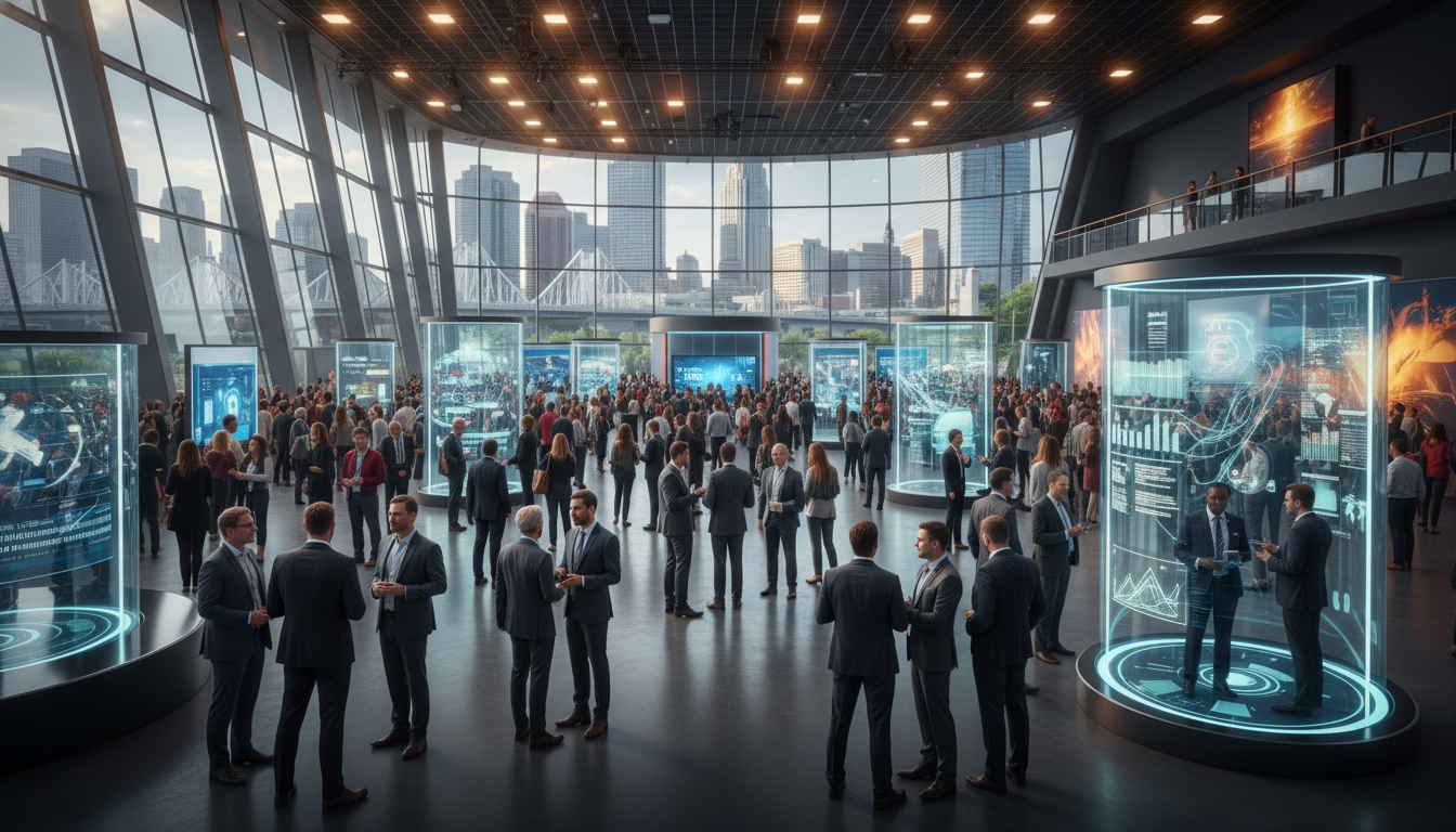 A bustling, modern trade show floor with professionals networking and exploring diverse industry exhibits in North America.