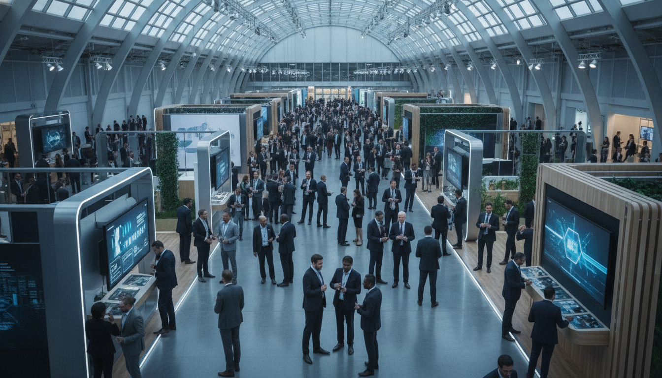Diverse professionals networking at a modern global exhibition hall.