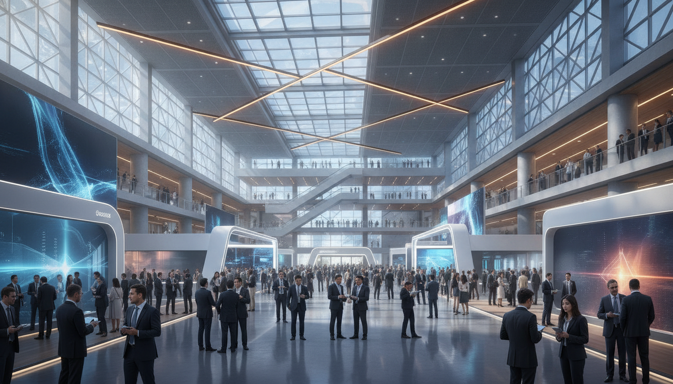 Professionals networking and engaging at a large, modern trade exhibition in an Asian city.