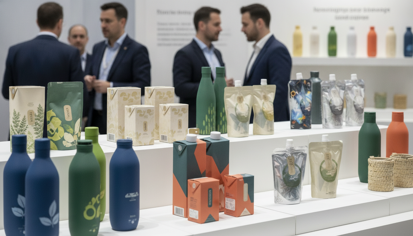 Diverse and innovative beverage and liquid food packaging on display at a trade fair booth.