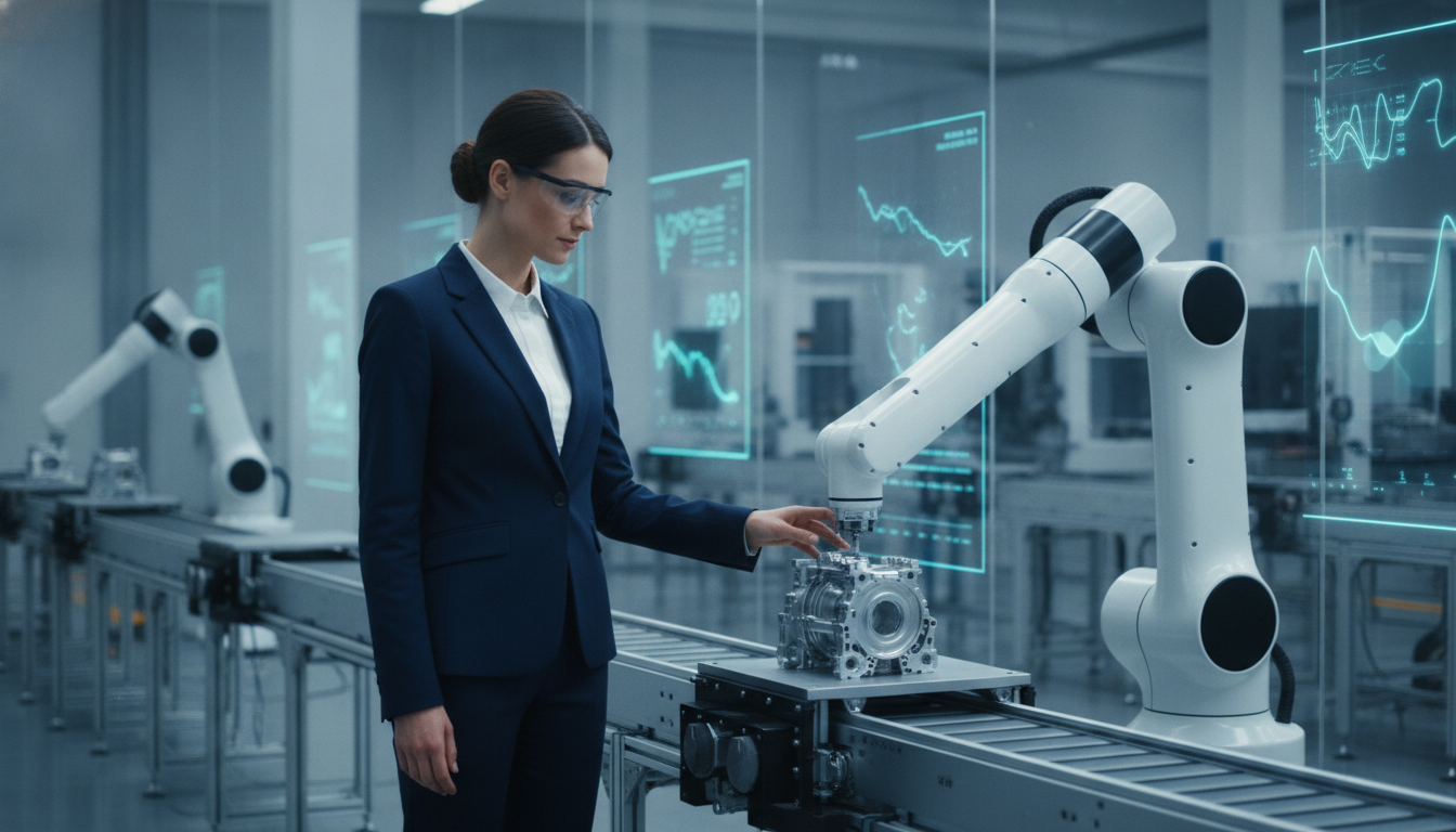 A human engineer observing a collaborative robot arm performing a task in a modern, clean manufacturing facility, with digital data displays in the background, representing advanced automation and Industry 4.0.