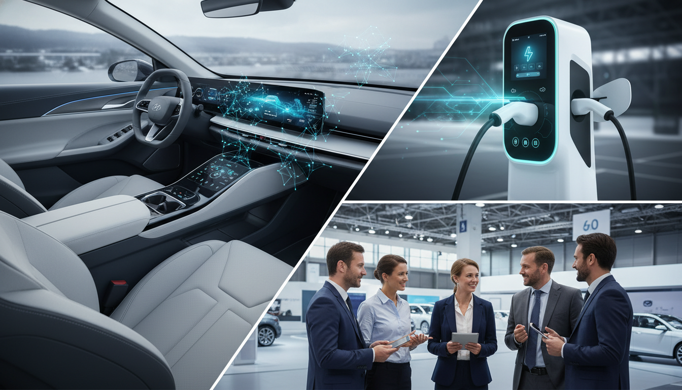 A composite image showcasing key automotive innovations: a futuristic EV interior with digital interfaces, a modern electric vehicle charging station, and professionals networking at a global trade show.