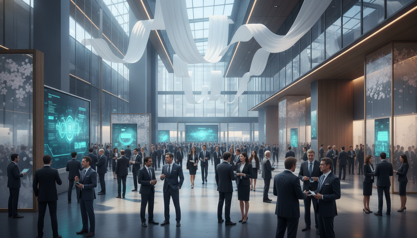 Professionals networking and interacting in a modern, spacious exhibition hall in Japan.