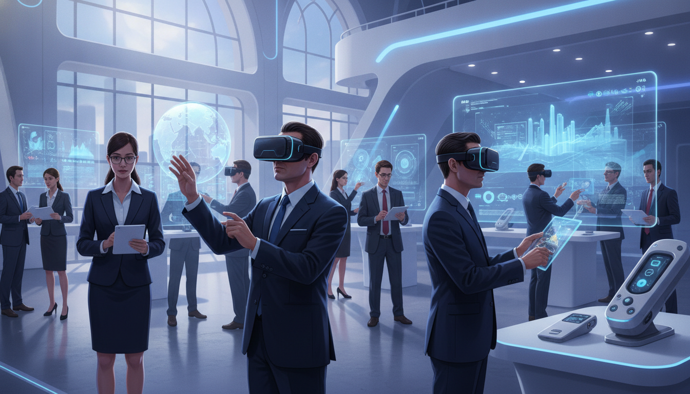 Professionals engaging with VR and AR at a modern exhibition.