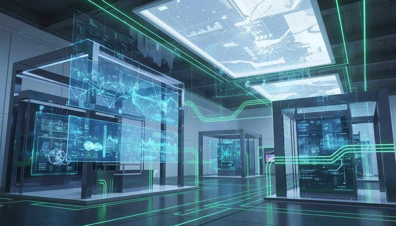 Abstract representation of a futuristic trade fair, blending digital interfaces, sustainable design, and AI-inspired elements.