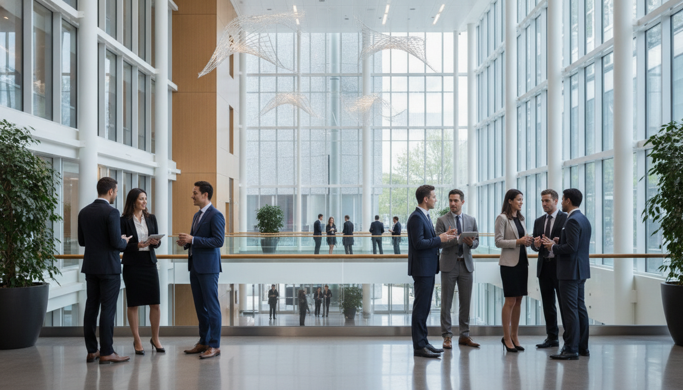 Diverse business professionals networking in a spacious, modern convention center atrium.