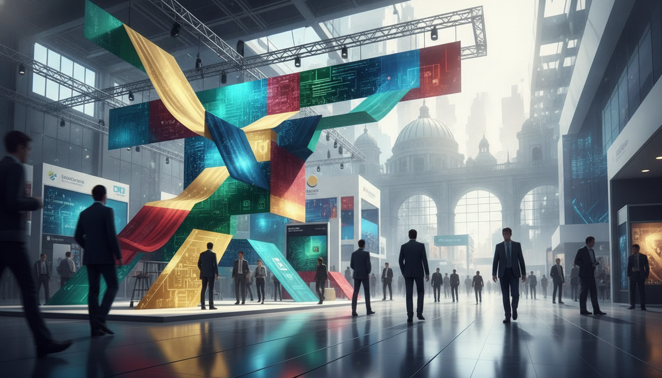 A vibrant illustration of a diverse European trade show floor, symbolizing innovation and collaboration across industries.