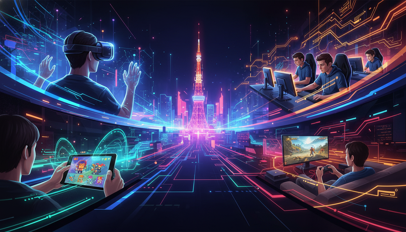 A visual representation of diverse gaming platforms including console, mobile, VR, and esports, set against a futuristic digital backdrop.