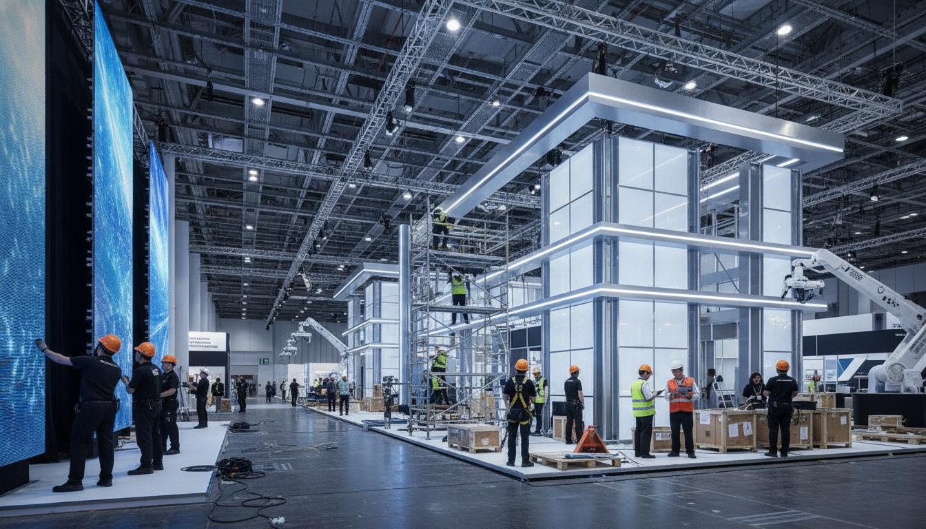 Diverse teams collaboratively setting up a large, modern exhibition, highlighting the complex and coordinated efforts of global service providers.