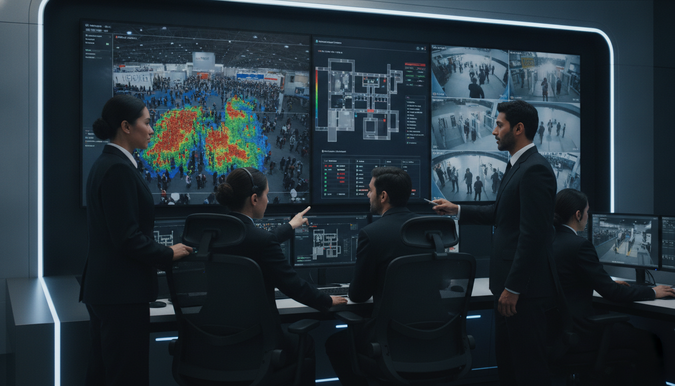 A security control room with a diverse team monitoring multiple screens displaying real-time exhibition data and surveillance feeds, emphasizing technology and human coordination.