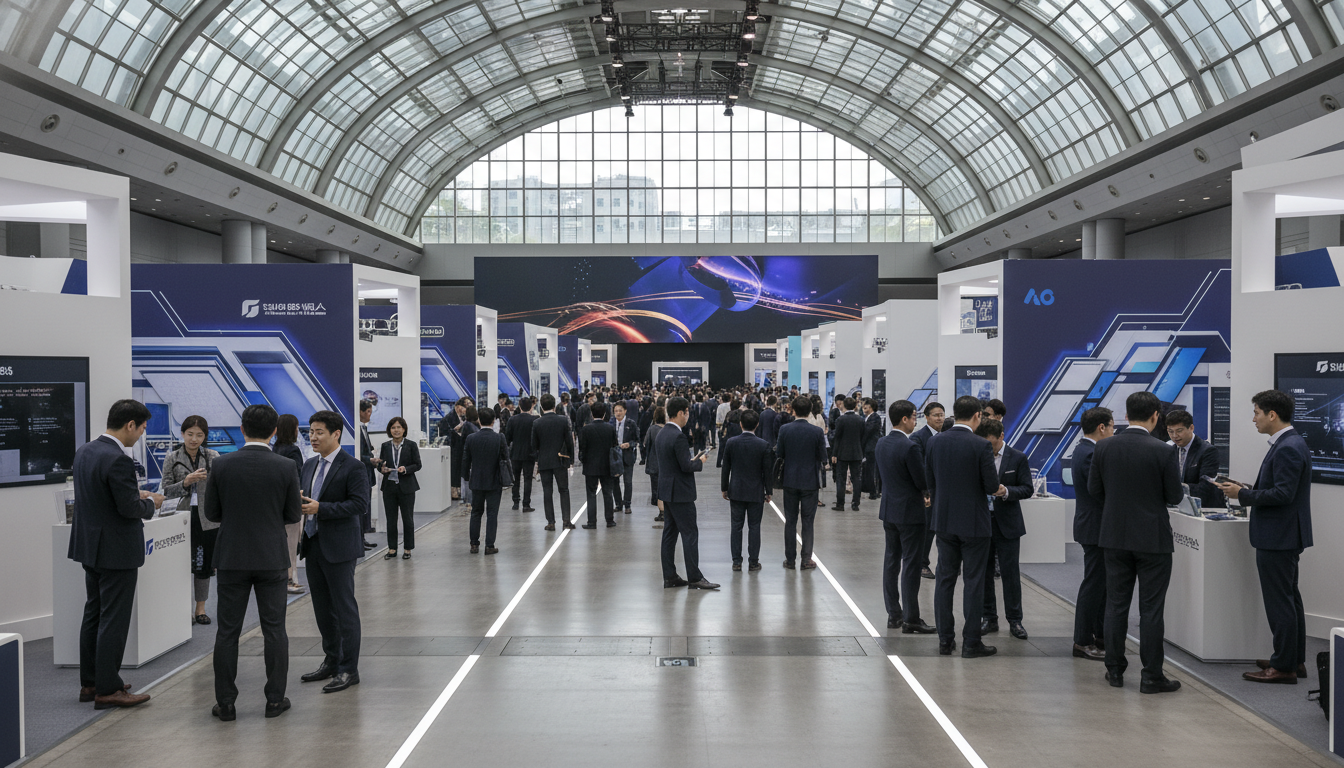 Business professionals networking and exploring exhibition booths inside a modern South Korean convention center.