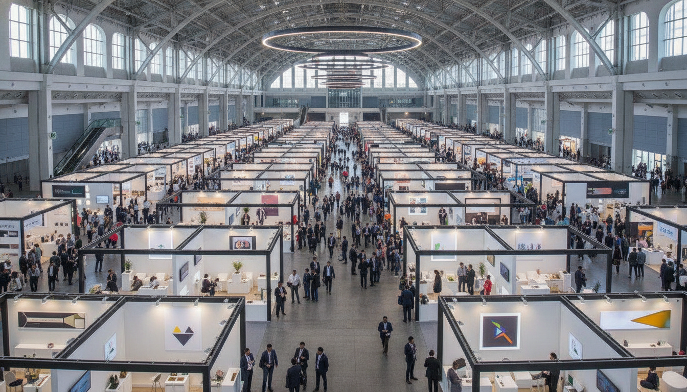 Expansive, modern exhibition hall in India with numerous trade show booths and attendees.