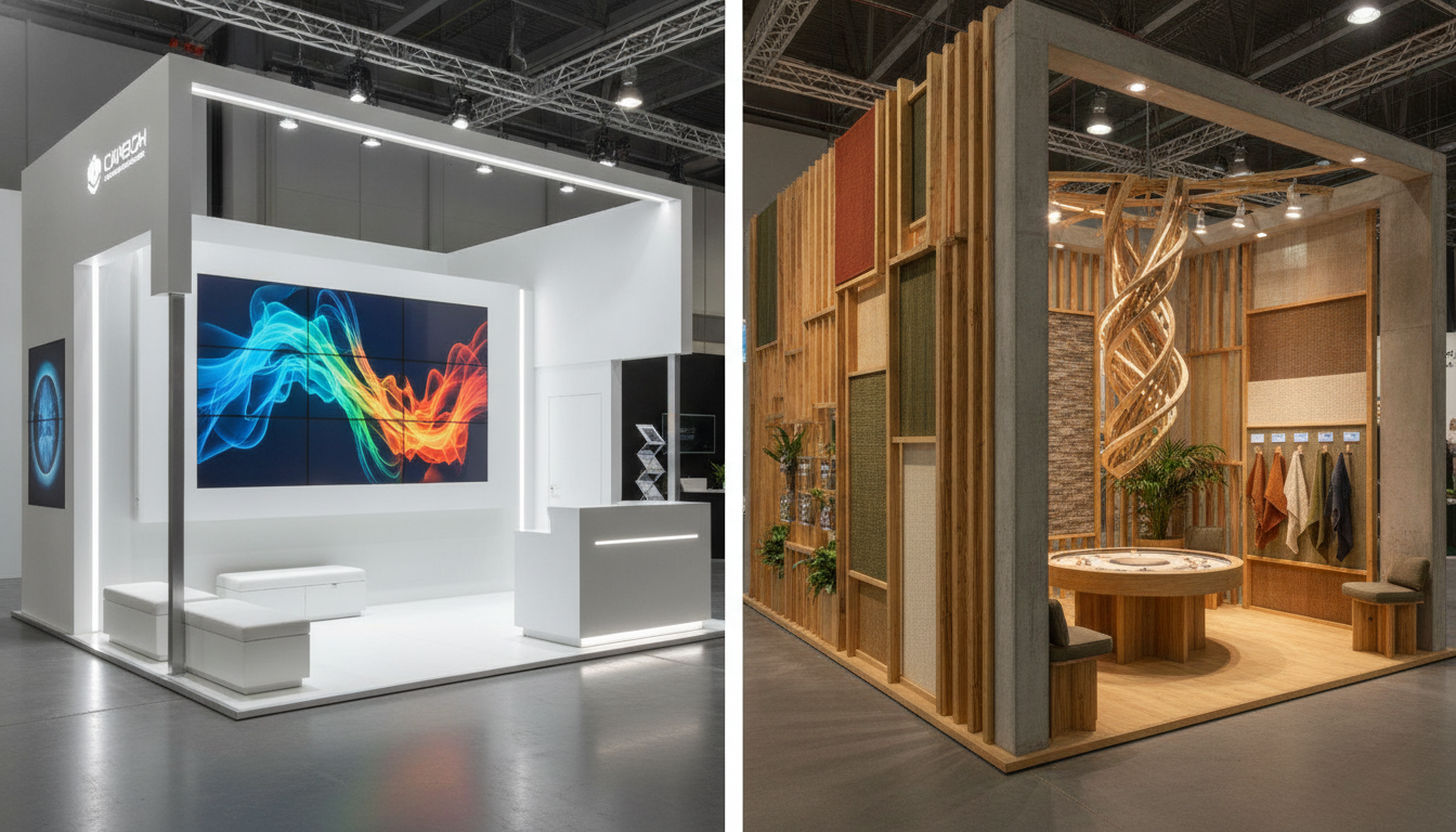 A visual comparison of two distinct exhibition stand designs: one minimalist with digital screens, the other organic with sculptural and tactile elements, showcasing diverse approaches to brand experience.