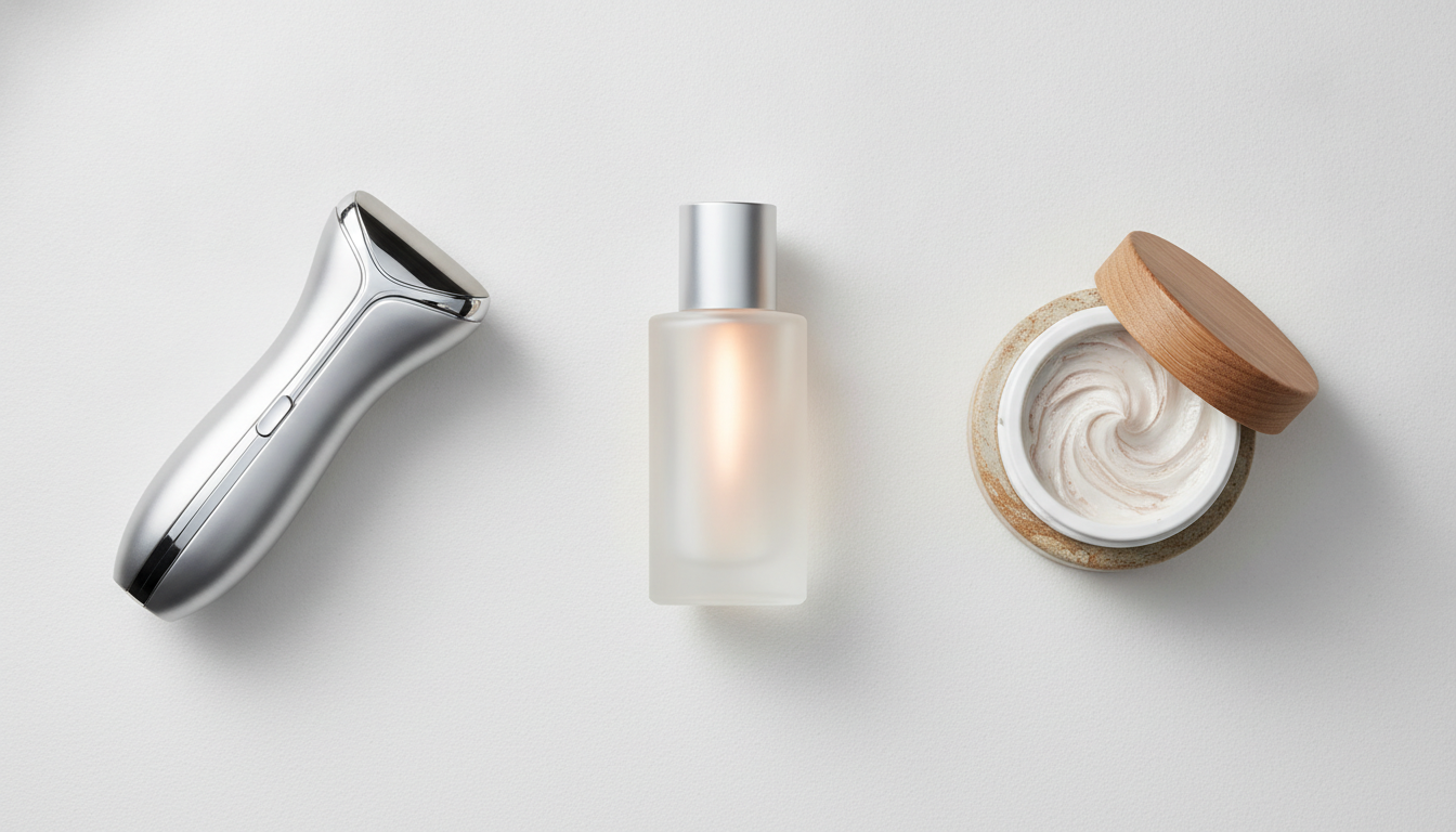 A sophisticated display of innovative beauty products, including a serum, a hair device, and a textured cream.