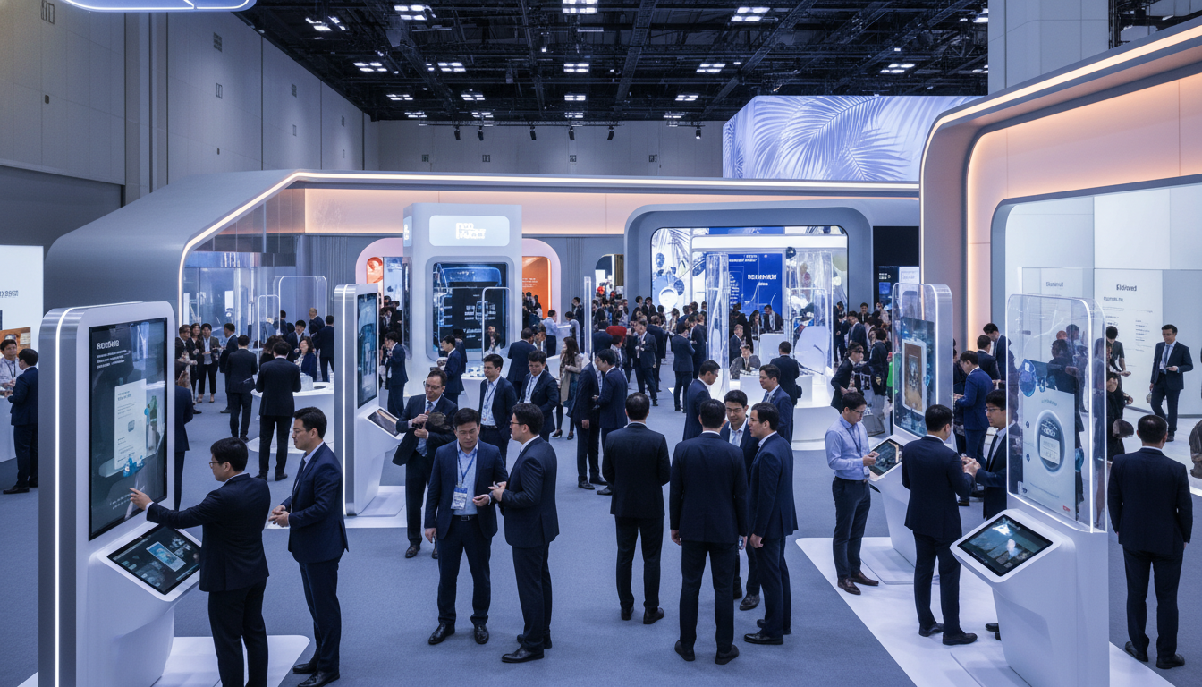 Professionals exploring innovative retail technology at a large exhibition.