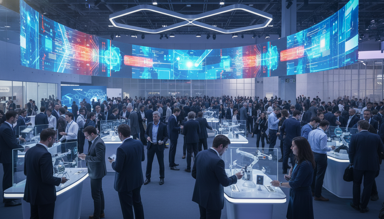 A bustling, futuristic tech exhibition in Paris, showcasing innovation.