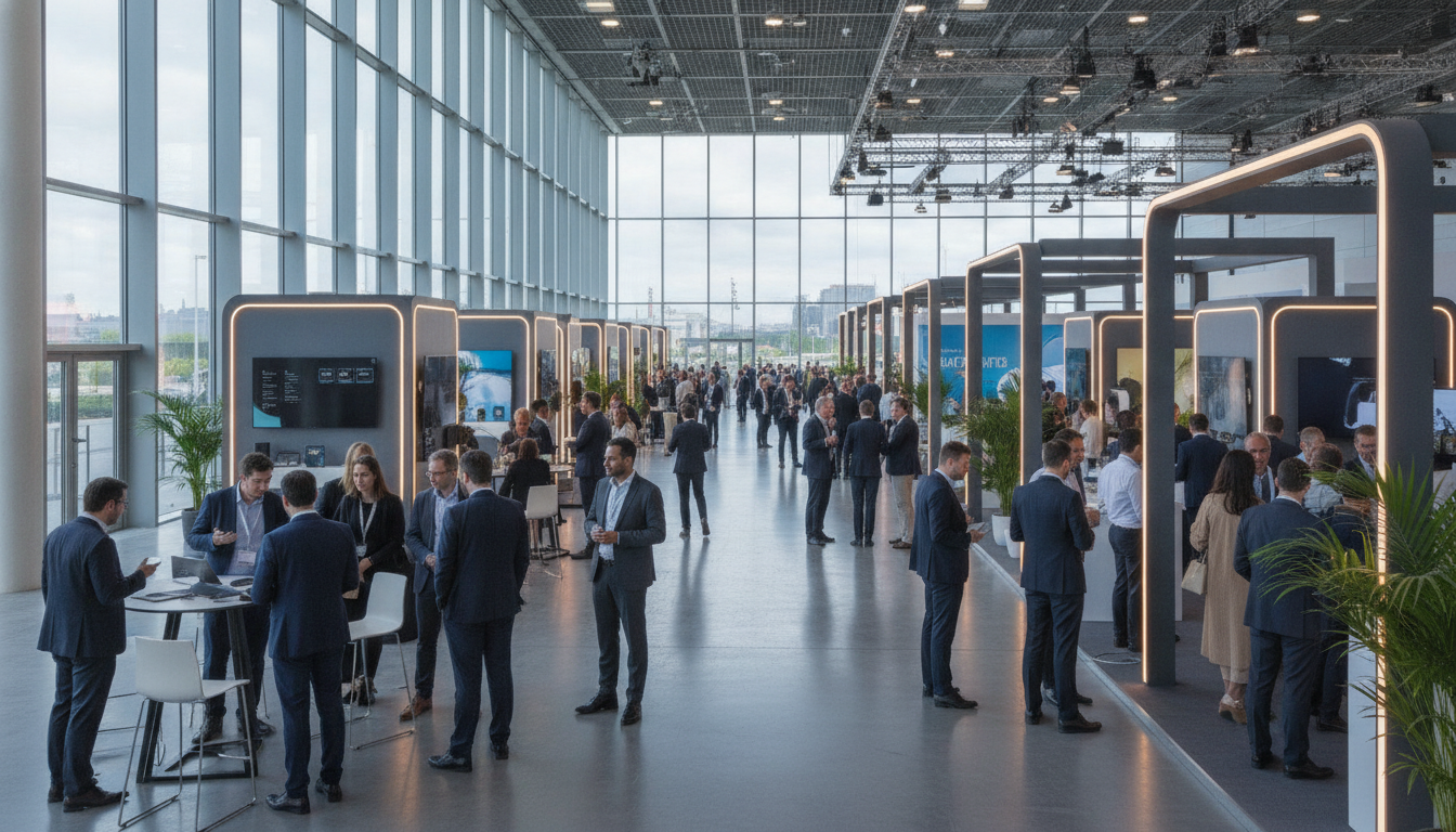 A vibrant, modern exhibition hall in France, filled with attendees and diverse trade show booths, representing the dynamic event industry.