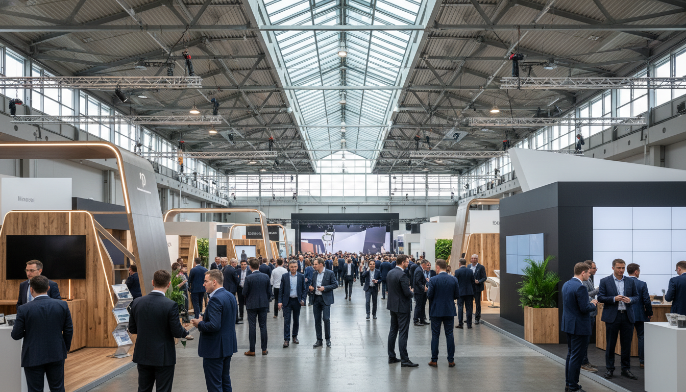 A wide view of a modern, bustling trade fair hall in Germany with many attendees and large exhibition stands.
