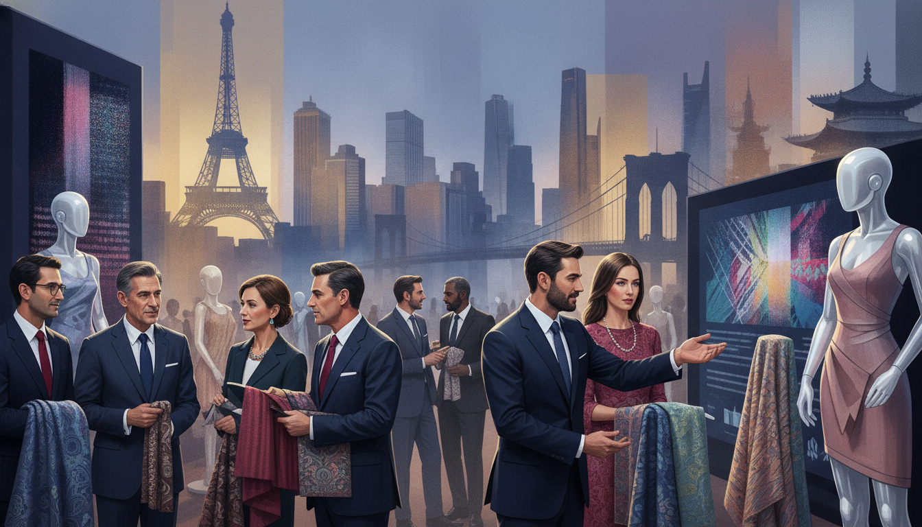 Global fashion industry professionals networking at a trade show, surrounded by innovative textiles and garments, with abstract city skylines in the background.