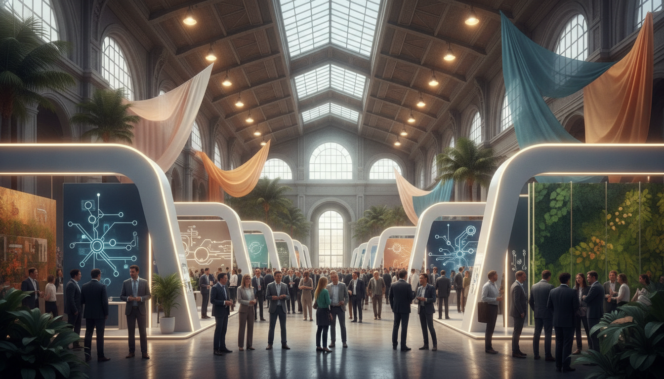 Professionals engaging and networking at a diverse European trade show.