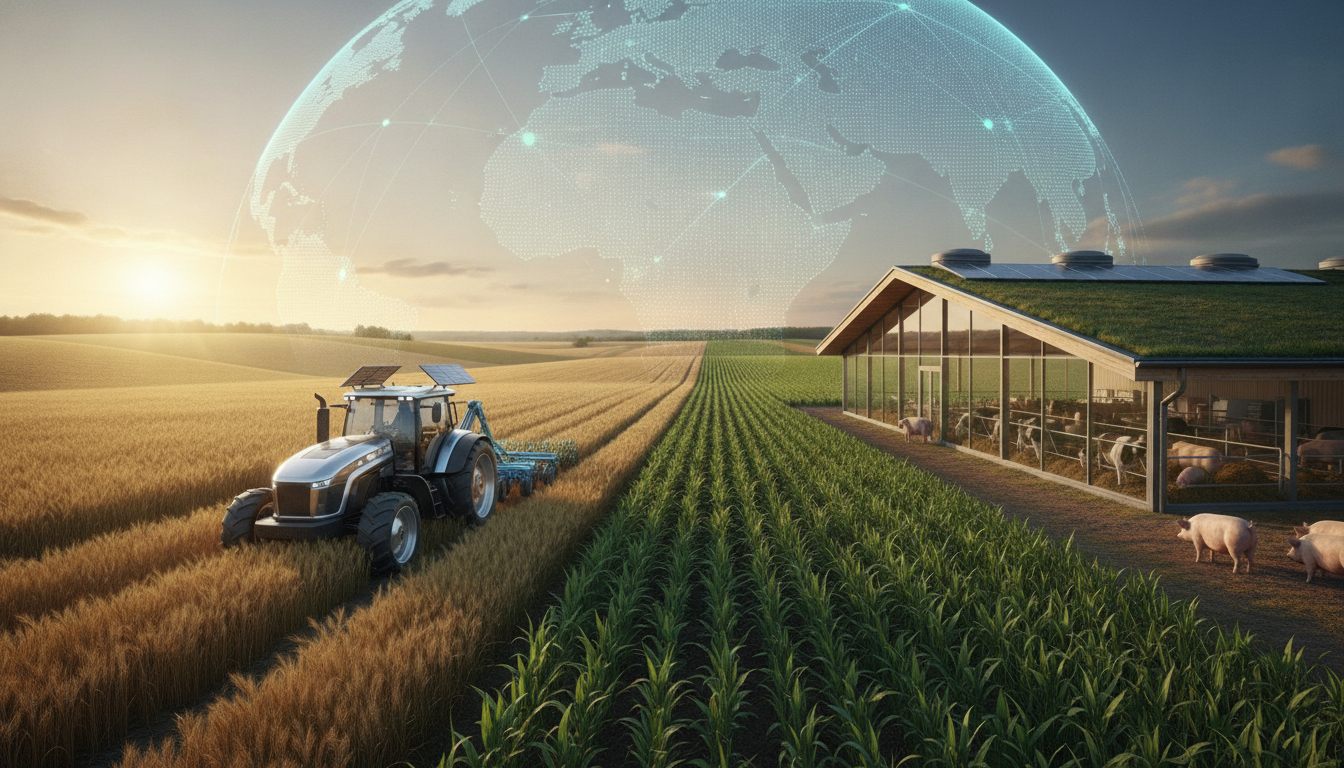 A global view of modern agriculture, combining advanced crop fields and intelligent livestock farming.