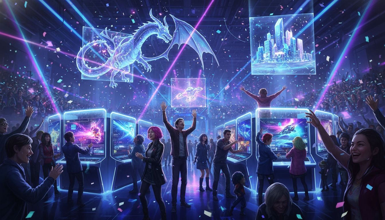 A bustling, futuristic Tokyo Game Show floor with diverse attendees interacting with advanced gaming technology, celebrating 30 years of innovation.