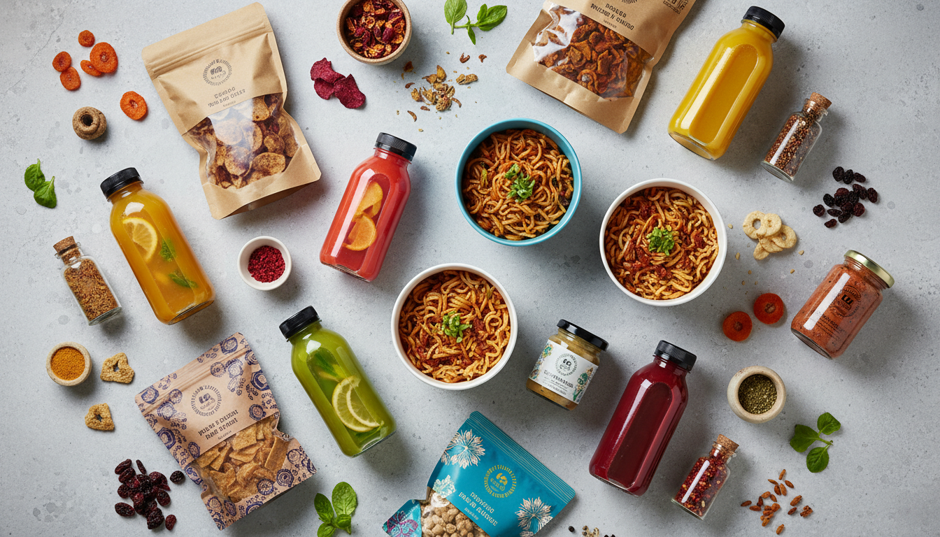 An overhead view of a diverse collection of global food and beverage products, including snacks, drinks, and specialty items.