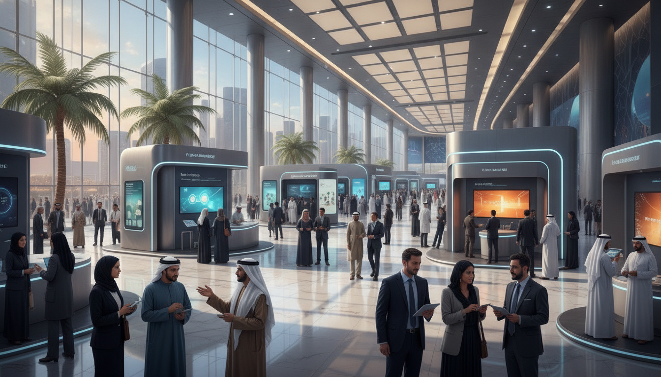 Diverse professionals networking at a large, modern exhibition in the Middle East, reflecting regional economic growth and diverse sectors.