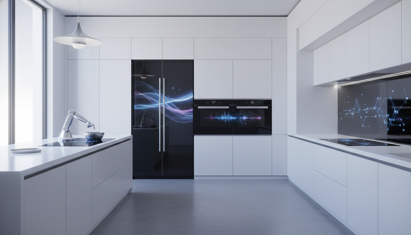 A sleek, modern smart kitchen with integrated, AI-powered home appliances.