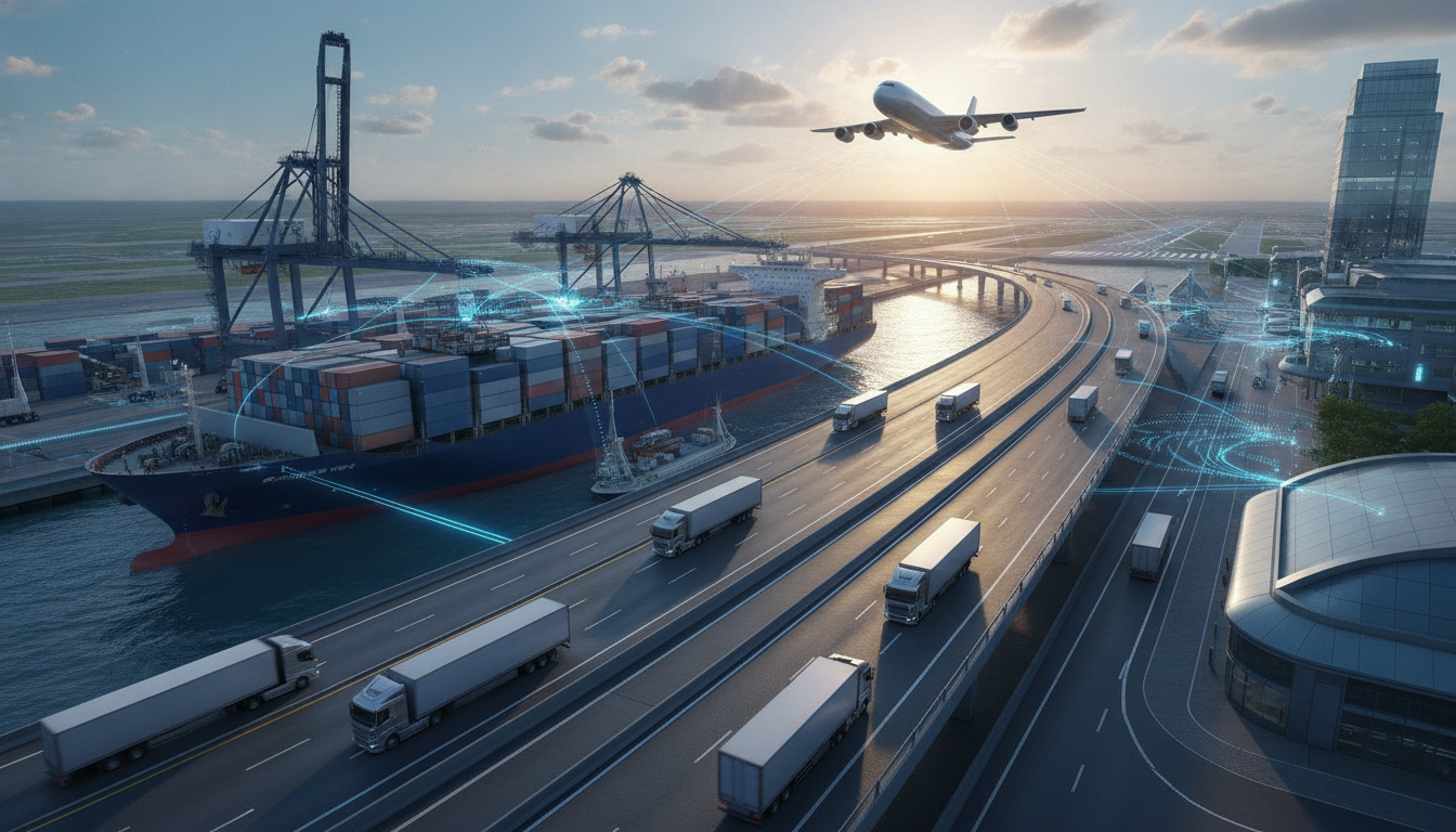 Global logistics network with container ships, trucks, and planes symbolizing interconnected supply chains.