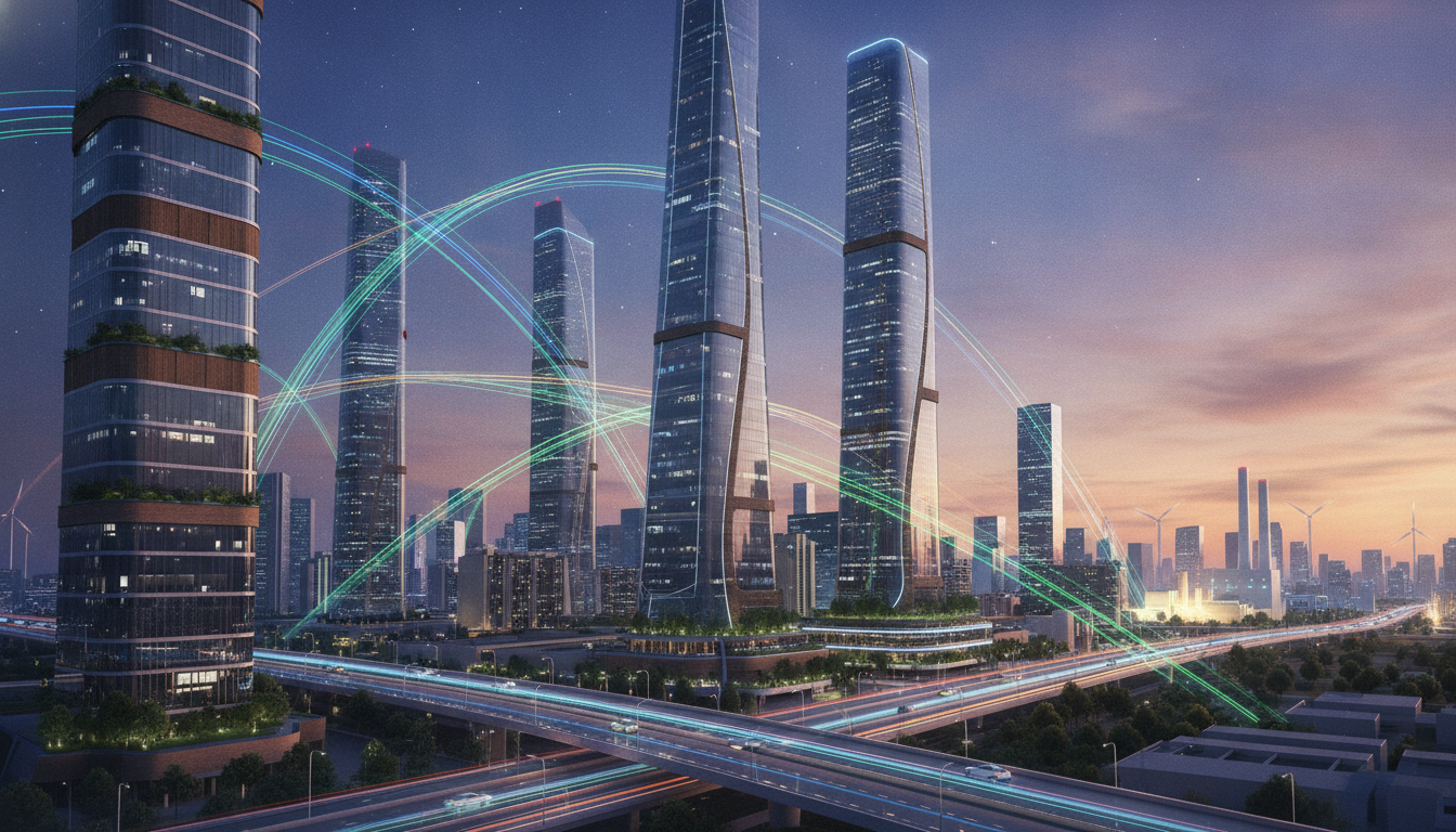 Modern city skyline at dusk with interconnected smart buildings, symbolizing electrification and connectivity.