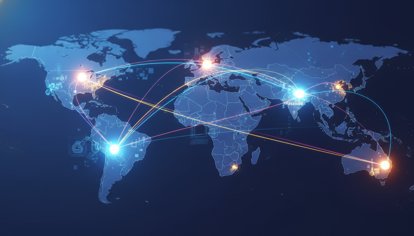 Interconnected global industrial trade show locations and data flow.