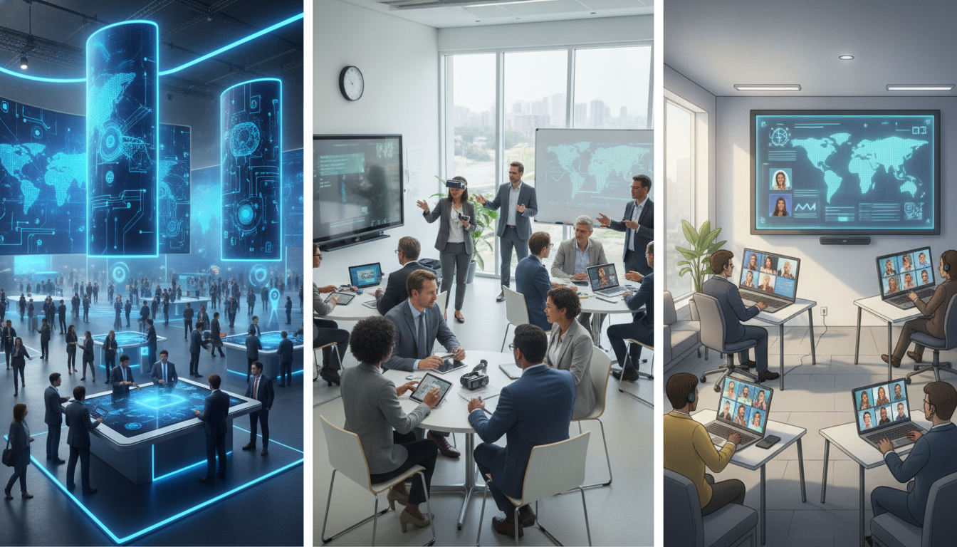 A visual comparison of different global EdTech events, showcasing large trade shows, classroom technology, and digital learning conferences.