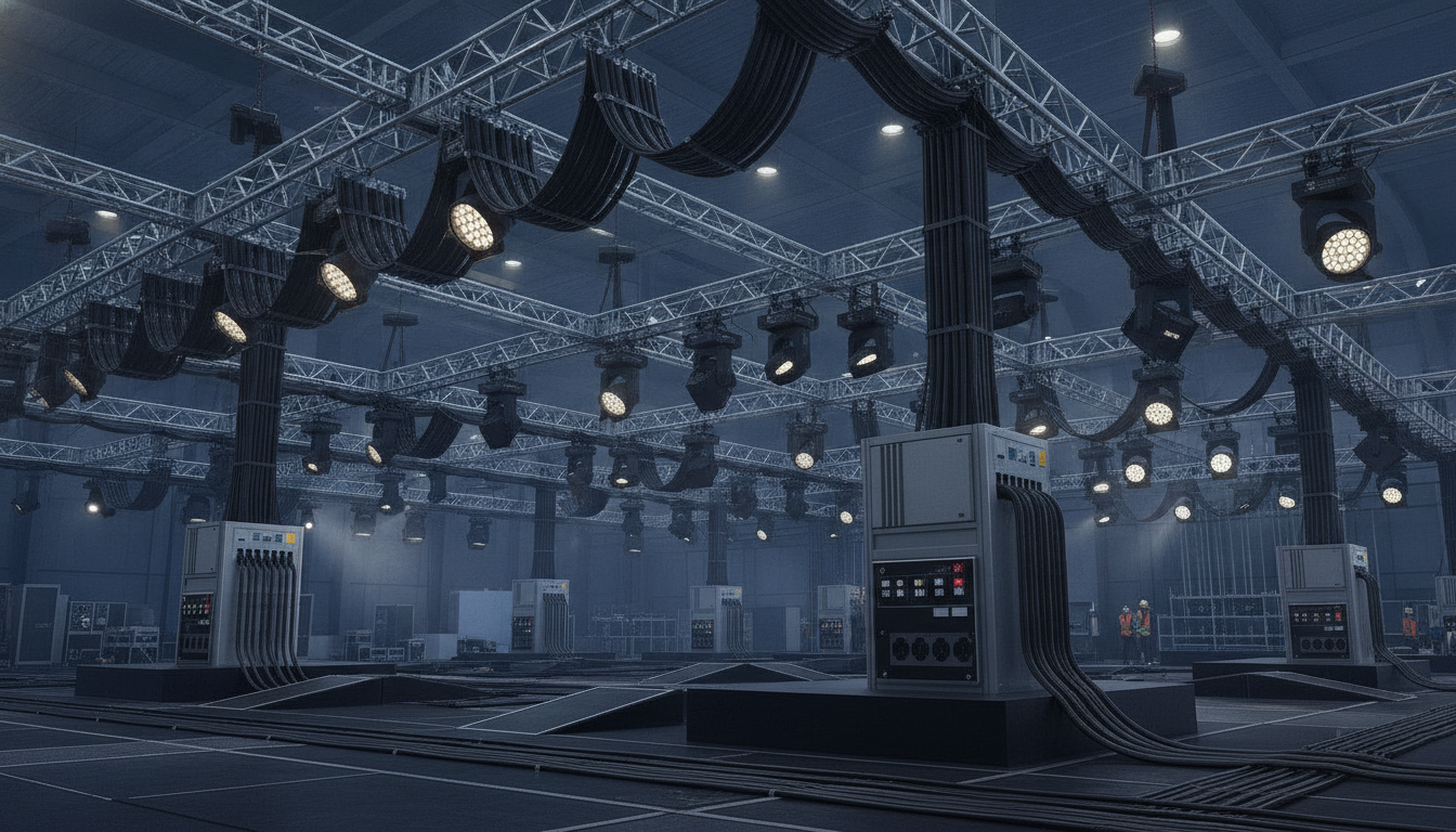 Organized electrical power distribution and lighting rigging infrastructure at a large exhibition venue.
