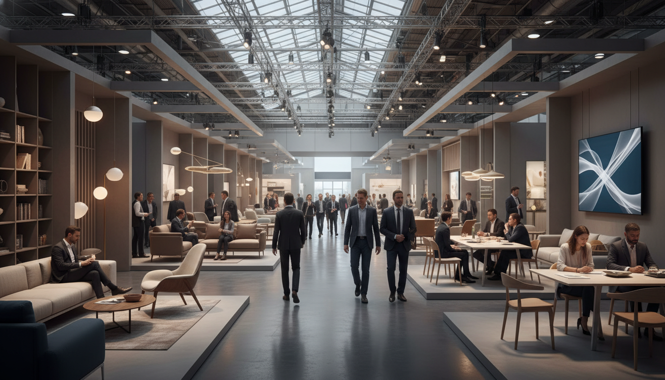 Visitors exploring contemporary furniture and innovative design installations at a large international exhibition.