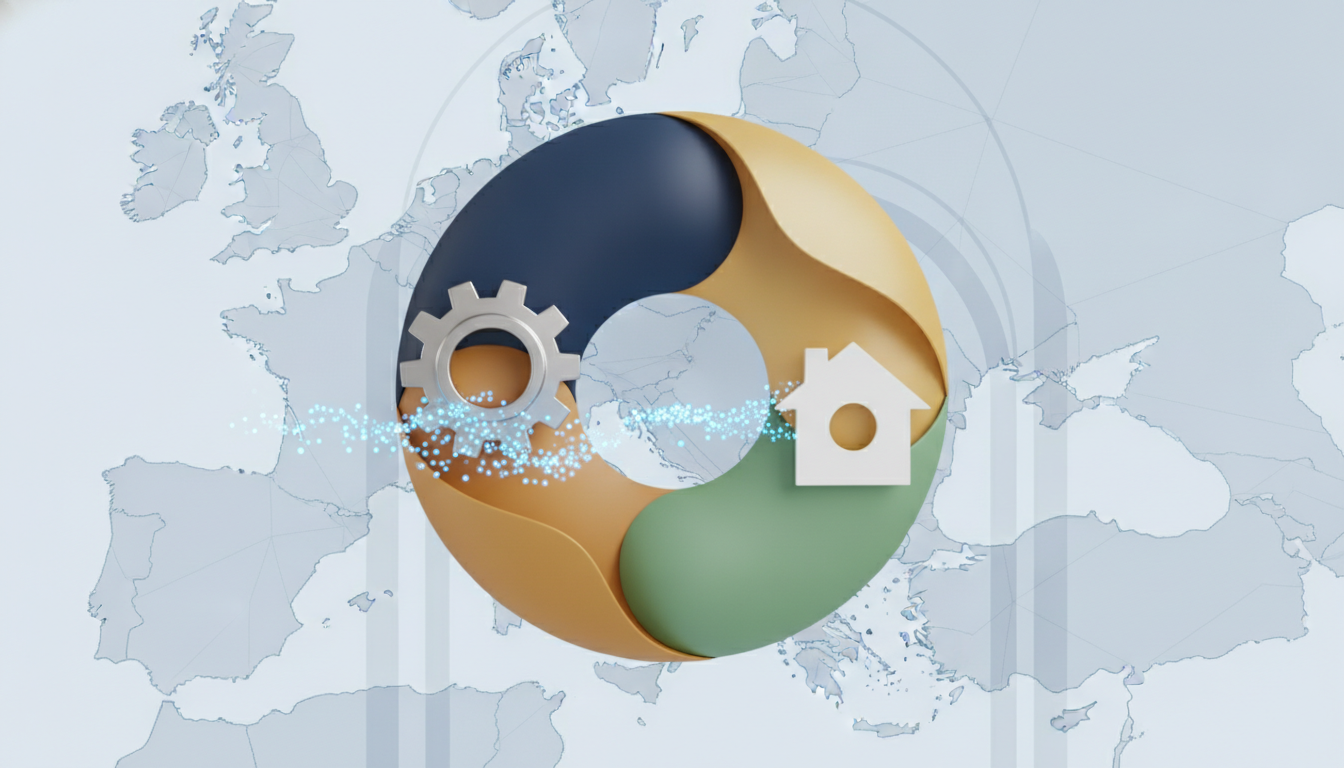 Abstract representation of diverse European industries and sectors converging.