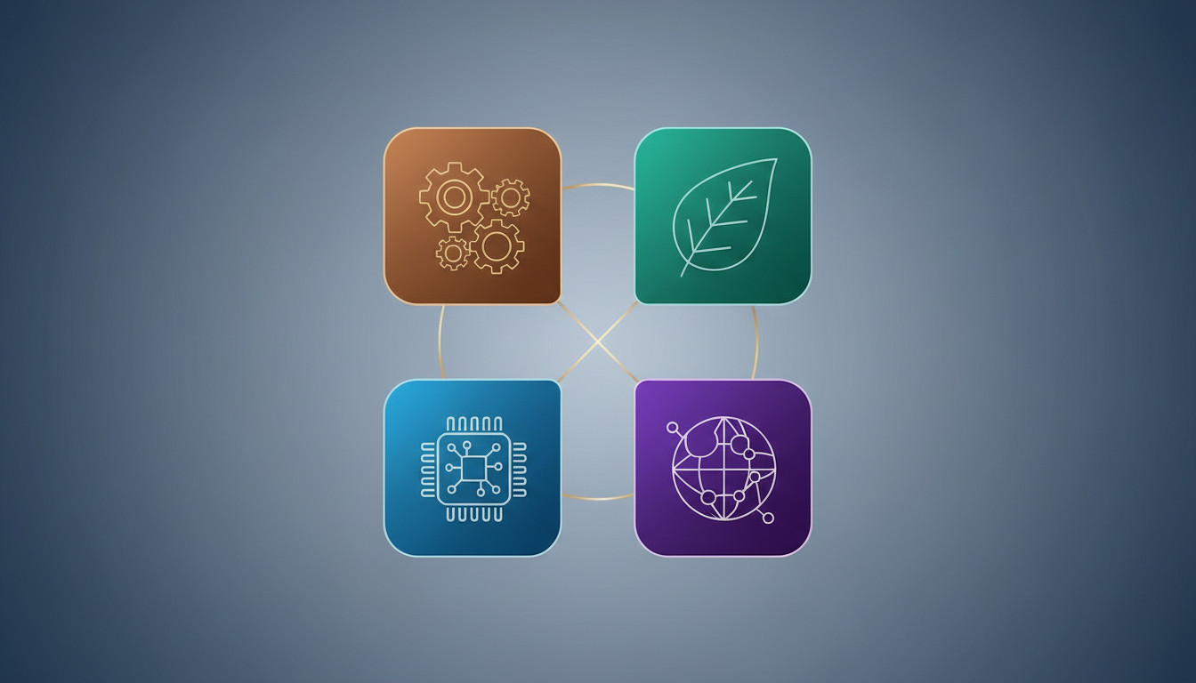 A conceptual illustration comparing four diverse industry sectors through abstract icons and interconnected elements.